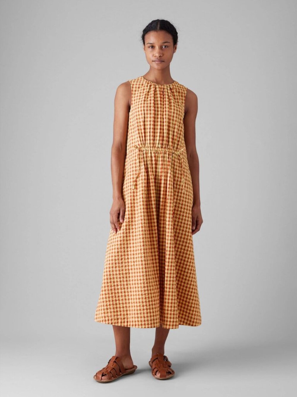 Toast Seersucker Gingham Cotton Dress in Narcissus Yellow & Poppy Orange